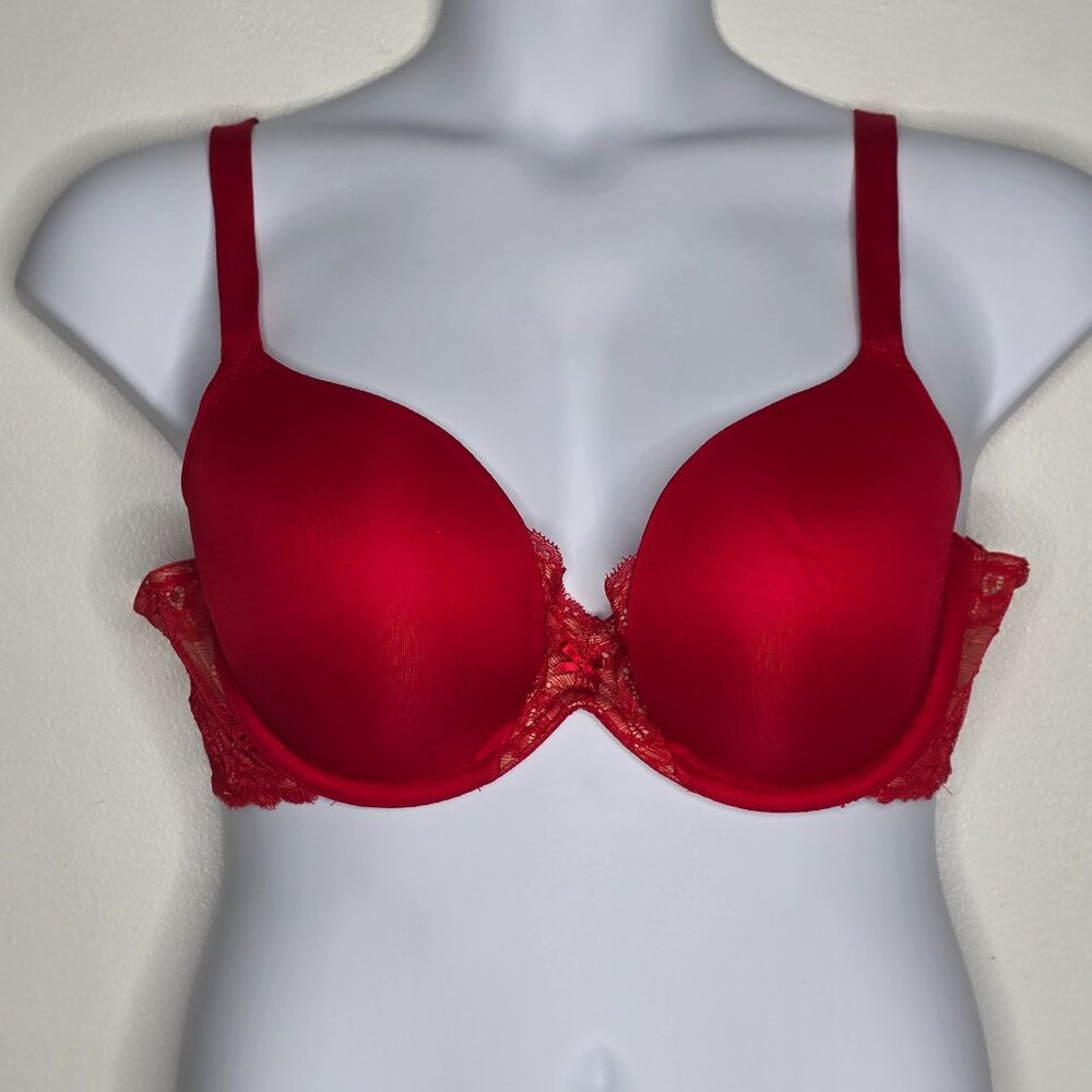 Cacique Bra Womens 42C Red Quarterly Lace Plunge Lightly Padded Underwire‎ NEW
